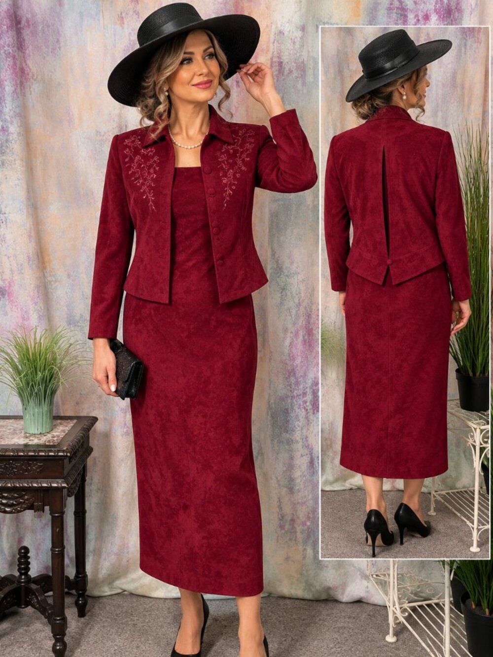 VTG📌 Karin Stevens 90s Faux Suede Embroidered & Beaded Dress & Jacket Set
